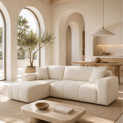 Tendencio – Canapé d'angle convertible en tissu bouclette – 4 places – 245 cm – Surface de couchage 200 x 125 cm – Coffre de rangement intégré – Beige (1/3)