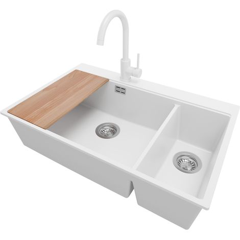 PRIMAGRAN Evier Cuisine en Granit 78x50cm, Lavabo 2 bacs + Robinet 32x20cm + Kit de Vidage + Accessoire, Évier à Encastrer au meuble 80cm - Oslo Duo, Blanc (1/5)