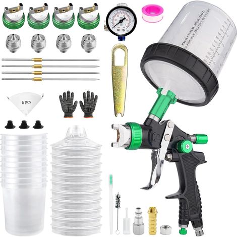 Kit pistolet à peinture à air comprimé avec 4 buses de 1,4/1,7/2,0/2,5 mm et gobelet jetable de 600 ml pour meubles, mur, clôture (1/5)
