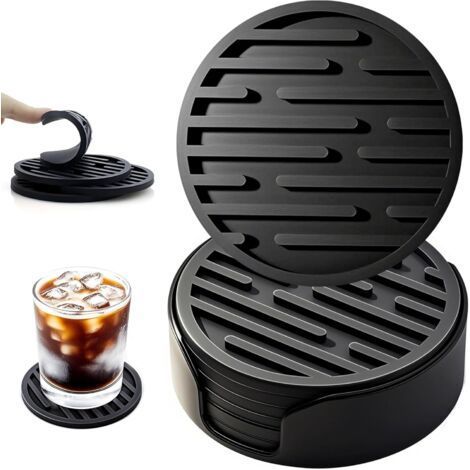Set of 6 Silicone Coasters 10cm Diameter (Black) with Holders, Round Non-Slip Coasters, Suitable for Mugs, Drinking Coasters (1/5)
