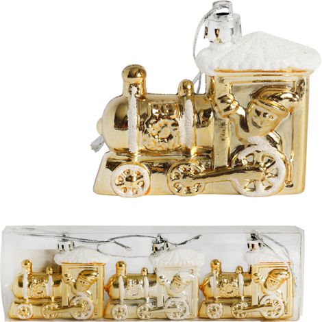 Set di 3 palline di Natale a forma di locomotiva da 7 cm - Ornamenti natalizi dorati resistenti e decorativi (1/5)