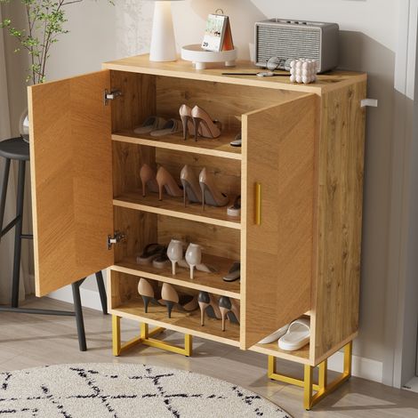 Schuhschrank aus MDF in Natur 80 x 38 x 100 cm, 2 Türen, offenes Fach und Soft-Close-Scharniere (1/5)