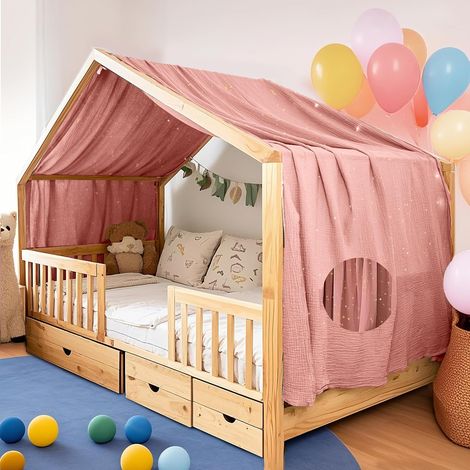 Housse de Couette avec Applique Dorée, Fait à la Main en 100% Mousseline de Coton, Ciel en Tissu pour Décoration de Lit Maison, Convient pour Filles Et Garçons (Vieux Rose, 132 x 360 cm (1/5)