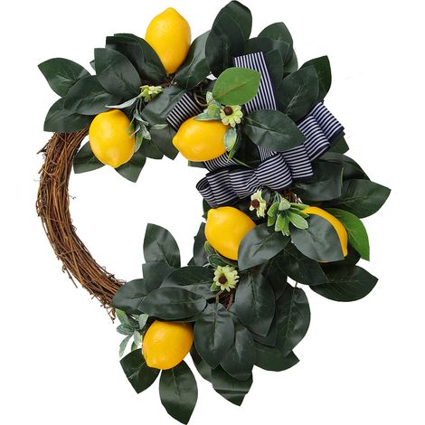 Ein künstlicher Zitronen-Gänseblümchen-Blumenkranz hängt als Bühnendekoration für eine Mottoparty an einer Tür. (1/5)
