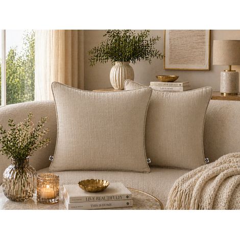 Lot de 2 coussins 45 x 45 cm gaze de coton Ficelle – Déhoussables zip – Passepoil (1/5)