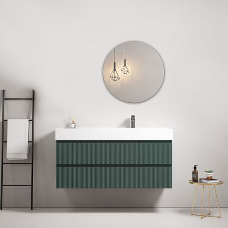 Mobile bagno sospeso cannettato 120 cm Verde Comodoro Lavabo a Destra in Resina Specchio Tondo - Fiji Paint (1/4)