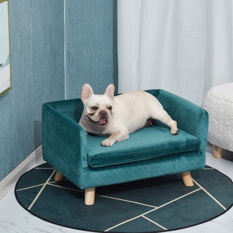 Canapé chien lit pour chien design scandinave coussin moelleux pieds bois massif dimensions 64 x 45 x 36 cm velours canard bleu