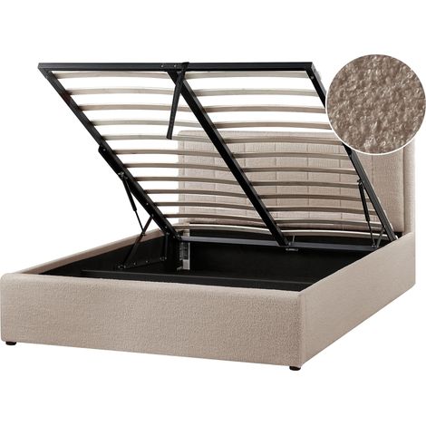 Letto a ottomana imbottito Boucle con contenitore a ribalta 140 x 200 cm Tortora Montlaur (1/5)