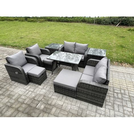 Fimous 9-Sitzer Polyrattan Garten Esstisch Set Gartenmöbel Sofa mit Rechteckiger Esstisch 2 Beistelltischen 3 Hockern Dunkelgrau Gemischt (1/5)