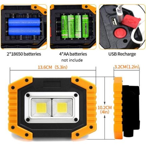 [Mit 2 x 18650 Akkus] Wiederaufladbarer 30-W-LED-Flutlichtstrahler, 2000 lm LED-Arbeitsleuchte, USB-Baustellenfluter, Campingleuchte (1/5)