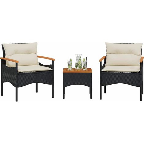 Salon de jardin 3 pièces en résine tressée noire avec coussins blanc crème - PANGIVO (1/5)