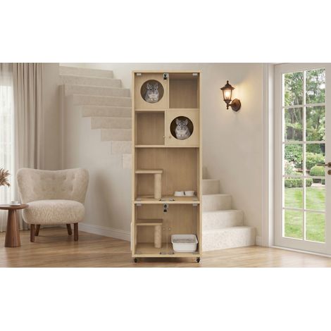 Maison pour chat vitrée couleur bois naturel 60 x 50 x 156 cm avec roulettes, serrure et chatière pour intérieur et salon (1/5)