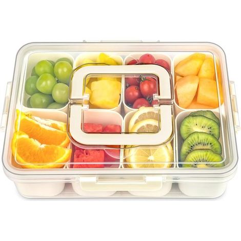 Contenitore per snack Bento con 8 scomparti, vassoio da portata con coperchio e maniglia, contenitore per frutta e noci senza BPA, organizer per frigorifero a tenuta stagna, portatile per picnic, lavo (1/5)