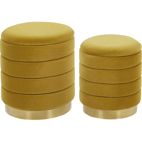 Conjunto de 2 pufs con almacenaje tapizados en terciopelo de poliéster amarillo base de acero inoxidable dorada diseño moderno Garland