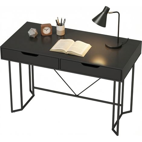 Petit bureau d'ordinateur avec 2 tiroirs, grand plateau de travail 120 x 60 x 77 cm, noir
