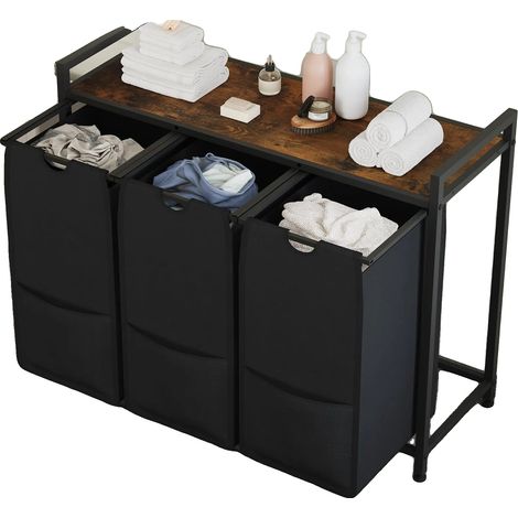 Panier à linge, trois compartiments, cadre en métal durable, noir (1/2)