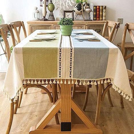 Moderne Tischdecke aus Baumwoll-Leinen-Mischgewebe mit Streifen und Quasten, wasserabweisend, waschbar, 140 x 140 cm (1/5)