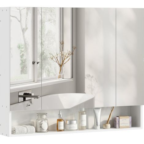Armoire murale salle de bain avec miroir, armoire de toilette 3 portes miroir, étagères réglables, 90x15x75cm, blanc (1/5)