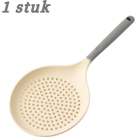 silicone slotted skimmer with long handle, heat-resistant up to 230°C, for draining pasta and vegetables (grey/white) (1/5)