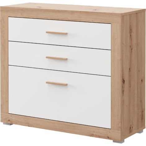 Kommode Hampi, 3 Schubladen, mit Füßen, Schiebetür, 90x35x79h cm Weiß