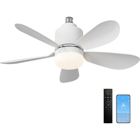 Ventilateur de Plafond avec Lumière et Telecommande, LED Lampe Ventilateur Plafond Dimmable avec APP ，24W E27 Lampe Intégrée, 5 Pales, 3 Vitesses, Silencieux, pour Salon [Classe énergétique F] (1/4)