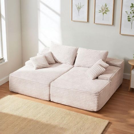 Sans Montage Canapé Modulable 2 Places Chaise Longue Confort Moelleux Velours Côtelé Beige 210 cm (1/5)
