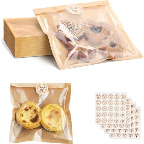 100 Bolsas de Papel Kraft para Panadería con Ventana - Bolsas Marrones para Alimentos, Ideales para Pan, Galletas, Donas, Pasteles, Sándwiches y Productos Horneados Caseros y Comerciales. (1/5)