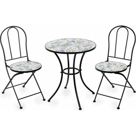 Tavolo e 2 sedie giardino in metallo e ceramica decorata floreale, ideale per allestimento dehor, vetrine ed eventi, Tavolo: Ø 60 cm x 70 H