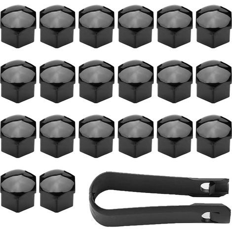 Pack of 20 Universal Wheel Bolt Caps 17 mm, Wheel Nut Caps 17 mm for Rim Protection, Hex Tyre Nut Covers with Removal Tool Set for Cars (Black) (1/5)