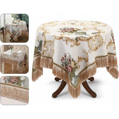 Nappe à franges classiques, housse de table tissée florale style vintage de 9090 cm pour table à manger et tables d’appoint latérales (1/5)
