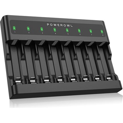 Chargeur de Piles AA AAA 8 Baies, Emplacement indépendant, Charge USB pour Piles Rechargeables Ni-MH (Noir) (1/5)