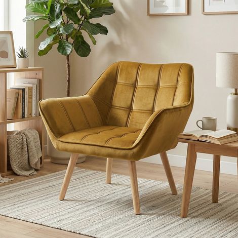 Butaca de Salón Moderna Tapizado en Terciopelo con Patas de Madera para Sala de Estar Amarillo (1/5)