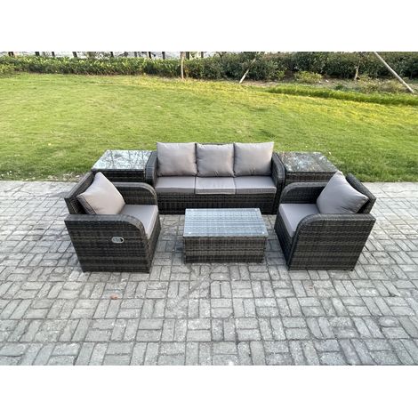 Fimous Salon de jardin exterieur Ensemble de canapés en rotin avec Chaise inclinable Table basse rectangulaire 2 Tables d'appoint Gris foncé mixte (1/5)