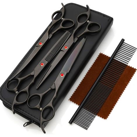 Kit de ciseaux de toilettage professionnels 6 en 1 en acier inoxydable 7 pouces, comprenant des ciseaux droits, à effiler et courbes, ainsi qu'un peigne, pour le toilettage des chiens et des chats. (1/5)