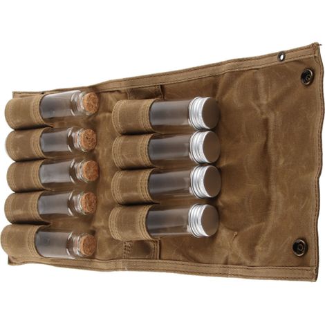 Tragbare Gewürztasche aus khakifarbenem Canvas, multifunktional, mit 9 Gewürzgläsern, ideal für Camping und Reisen. (1/5)