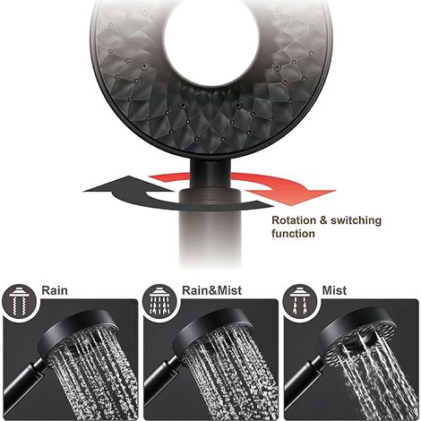 Pommeau de douche rond universel noir à main avec 3 modes et fonction autonettoyante, fabriqué en plastique ABS (1/3)