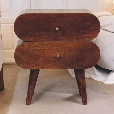 Table de chevet Bubble en bois massif, 2 tiroirs, brun foncé (1/5)
