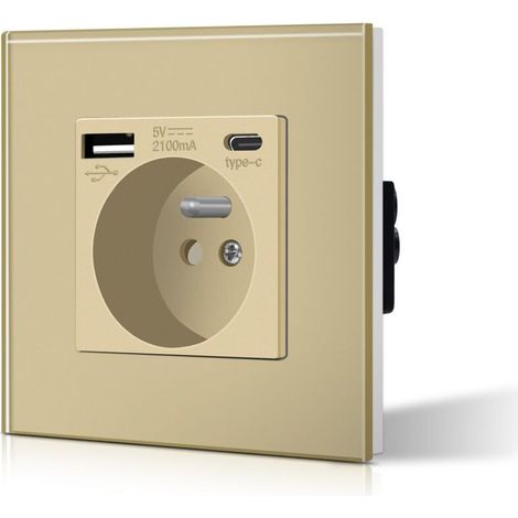 Prise Murale avec USB et 1 Type C - 16A Prise de Courant Alternatif - Couleur or- Convient au Smartphone, à la Tablette (1/5)