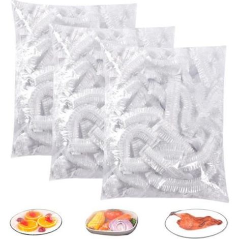 300PCS Charlotte Alimentaire Reutilisable,Film Etirable Elastique en Plastique Jetable,Sacs Conservation Frais,Élastiqués Prévenir (1/4)