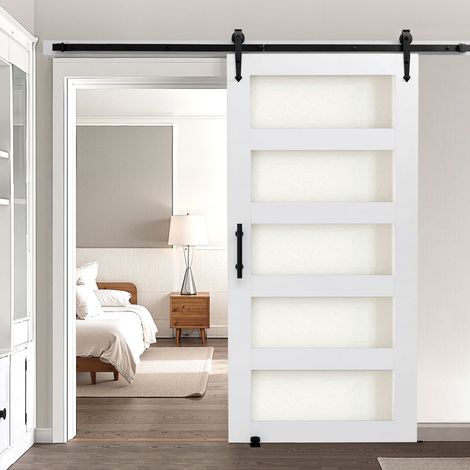 Porte de grange coulissante, 1067 x 2134 mm, en panneau MDF et verre, kit de porte coulissante avec kit de quincaillerie, surface en PVC imperméable, facile à installer, cadre en H, pour salon (1/5)