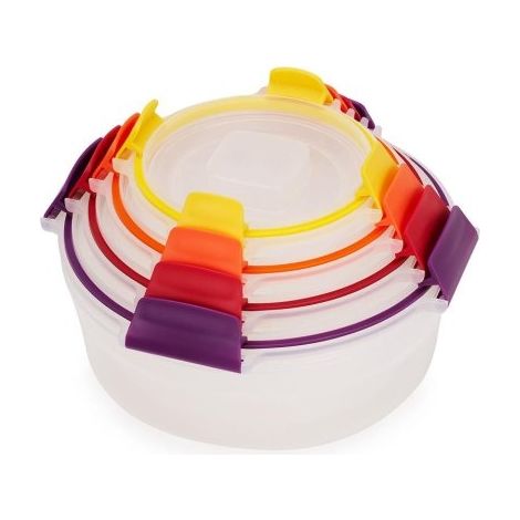 Nest Lock™ Joseph Joseph Jeu de 4 récipients alimentaires ronds multicolores, idéal pour conserver et transporter les aliments, hermétique, empilable, résistant aux micro-ondes et au congélateur.