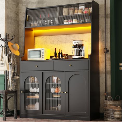 Mueble alto de cocina 120 x 40 x 180 cm con LED, 2 cajones, estantes regulables, negro HAVRYA (1/5)
