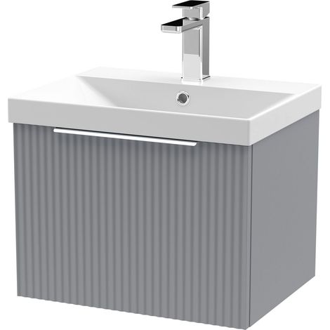 Tixall Fluted 1 Drawer Wall Hung Vanity Unit with Thin Edge Basin, Satin Grey, 500mm
