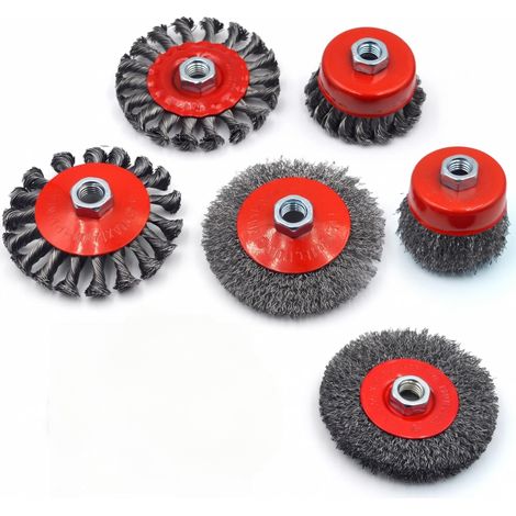 Brosses à fil pour meuleuse d'angle, 6 pièces, M14, 75mm et 100mm, Pour enlever la rouille, polissage des métaux, nettoyage du bois, brosses en acier au carbone (1/5)
