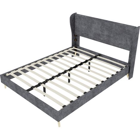 Cama tapizada moderna 160 x 200 cm gris con cabecero suave, estructura baja HOMVRA (1/5)