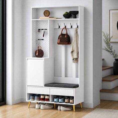 Set guardaroba con panca per scarpe, 4 ganci, 2 cassetti e anta, 100 x 35 x 180 cm, bianco HAVRYA (1/5)