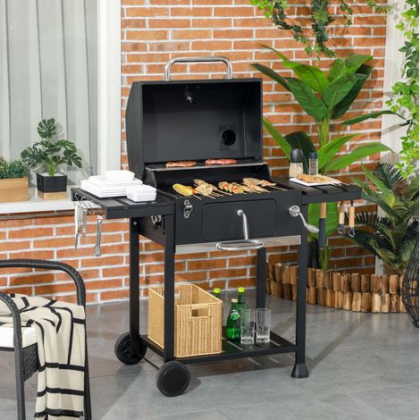 Barbacoa de carbón con carro, 2 parrillas, estantes abatibles, inox negro HAVRYA (1/4)