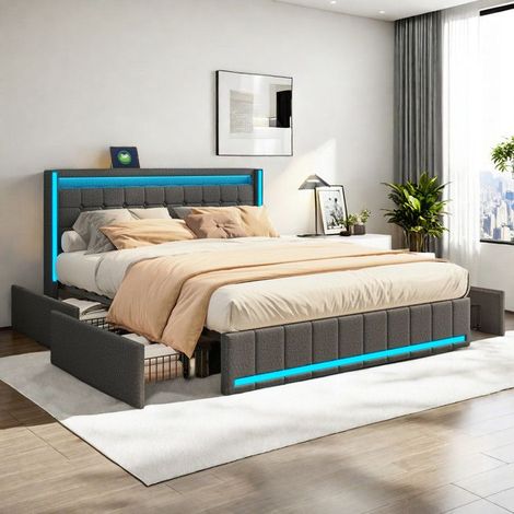 Doppelbett 140x200 cm, Erwachsenes Bett mit 4 Schubladen, gepolstertes Bett 140x200 cm, LED-Beleuchtung, USB-Anschluss, Leinenstoff, grau (1/5)