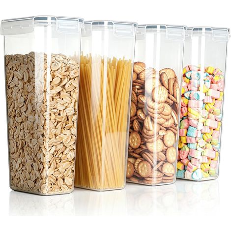 Lot de 4 Boîtes de Rangement Hermétiques 2,8L avec Couvercle – Transparent, Empilable, Sans BPA – Pour Céréales, Farine, Pâtes – Conservation Alimentaire avec 24 Étiquettes (1/5)