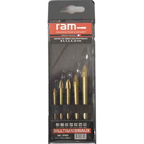 RAM – Coffret de forets pour perceuse carrelage et verre 4, 5, 6, 8, 10 mm – Multi-matériaux : brique, béton, verre – Fabrication française